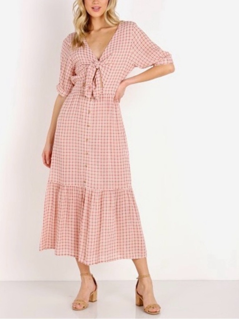 Faithfull the Brand whimsy, BoHo Pink Gingham Tie-Front Maxi Dress with V-Neck